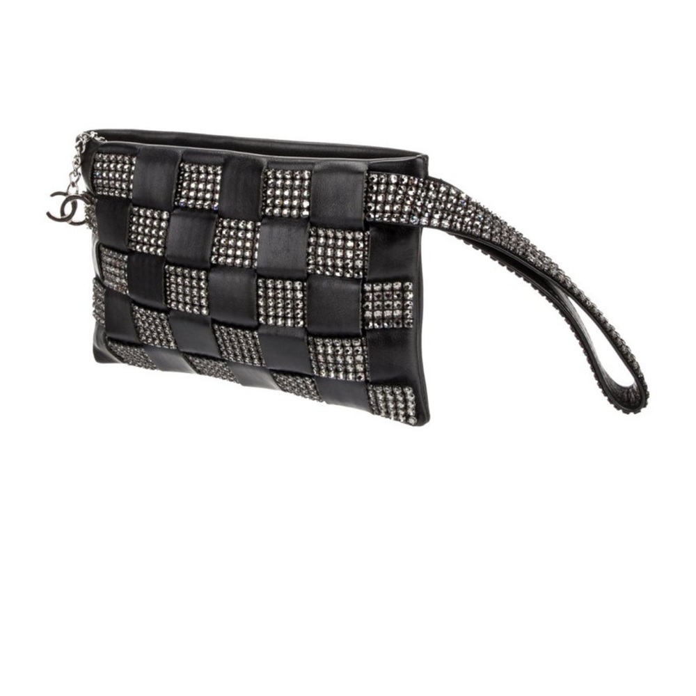 RARE CHANEL Leather Woven Strass Black Checkered Clutch Wristlet Vintage Evening - Picture 11 of 13